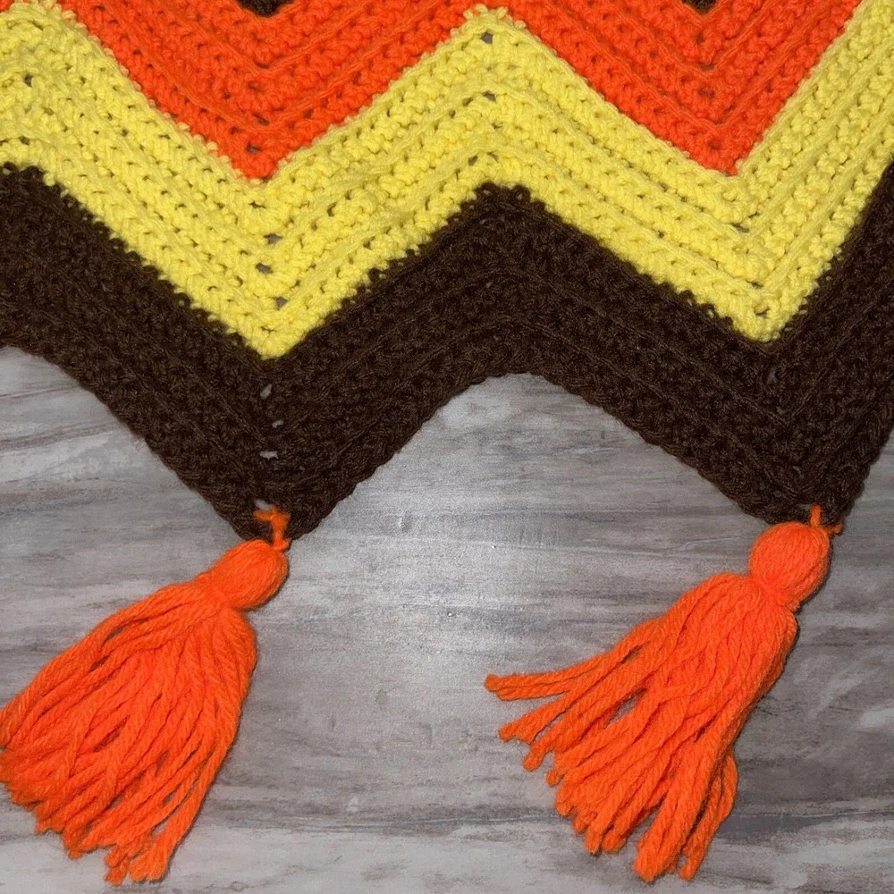 VIntage Crochet Knit Afghan Throw Blanket Chevron Zigzag MCM Fall Colors Tassels